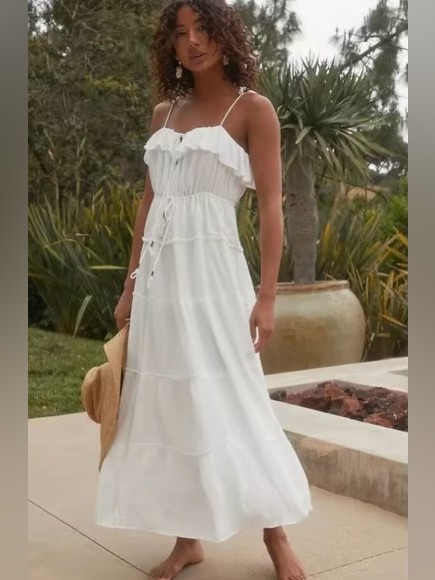 Anthropologie A-Tiered White Ruffle Tiered Maxi Dress